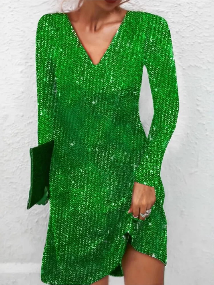 

New Fashion Long Sleeves A-line Skirt Elegant V-neck Sparkling Dress Solid Color Medium Length Young Women's Elegant Ball Dress