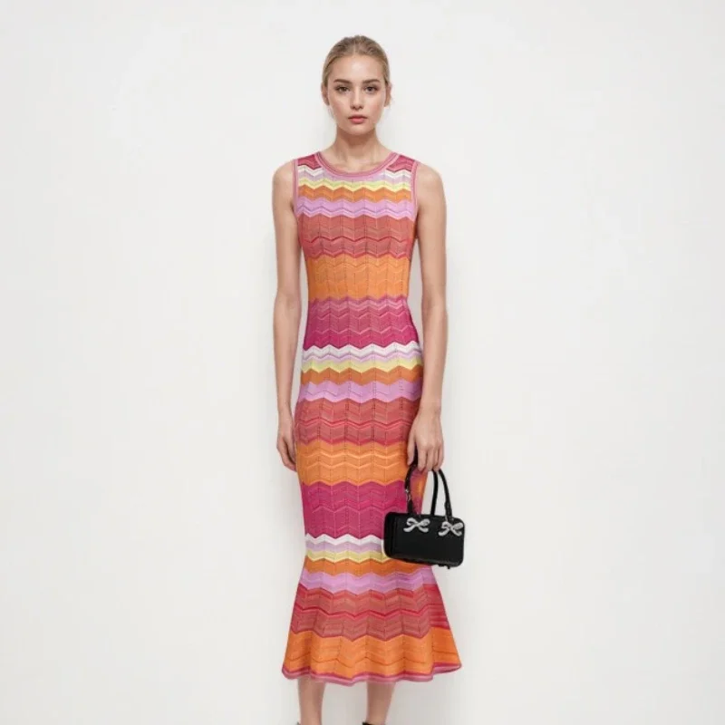 

Женское трикотажное платье с круглым вырезом и волнистыми полосками, тонкое сексуальное платье макси для дня рождения