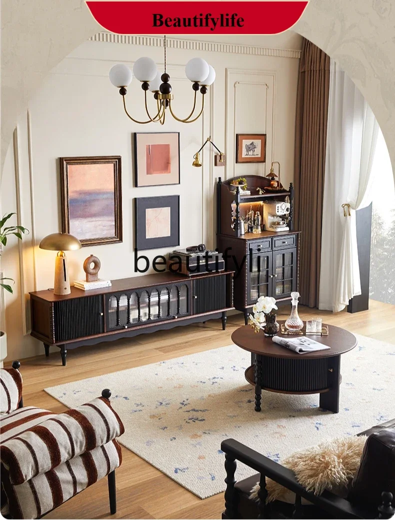 

French retro solid wood coffee table round tea table combination medium and ancient style tea table