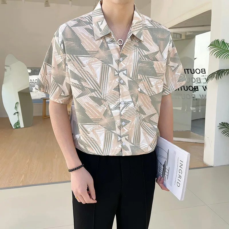 Artistic Printing V-neck Shirt Men's 2024 Summer Short Sleeve Loose Casual Shirts Social Streetwear Party Show Men Clothing