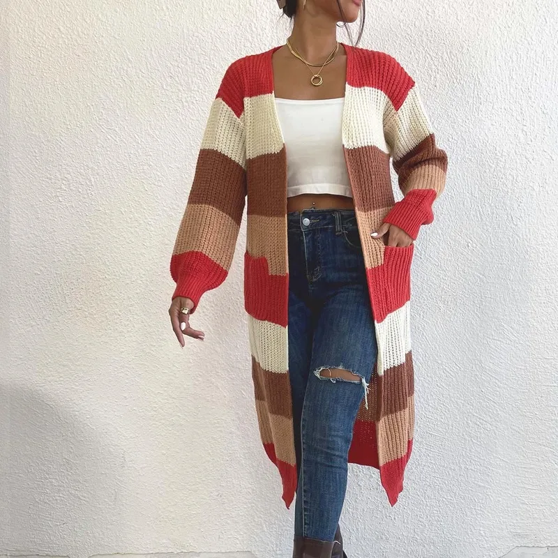 Women Color Block Stripe Long Knit Cardigan Open Front Long Sleeve Loose Oversized Chunky Knitted Sweater Coat Fall Outerwear