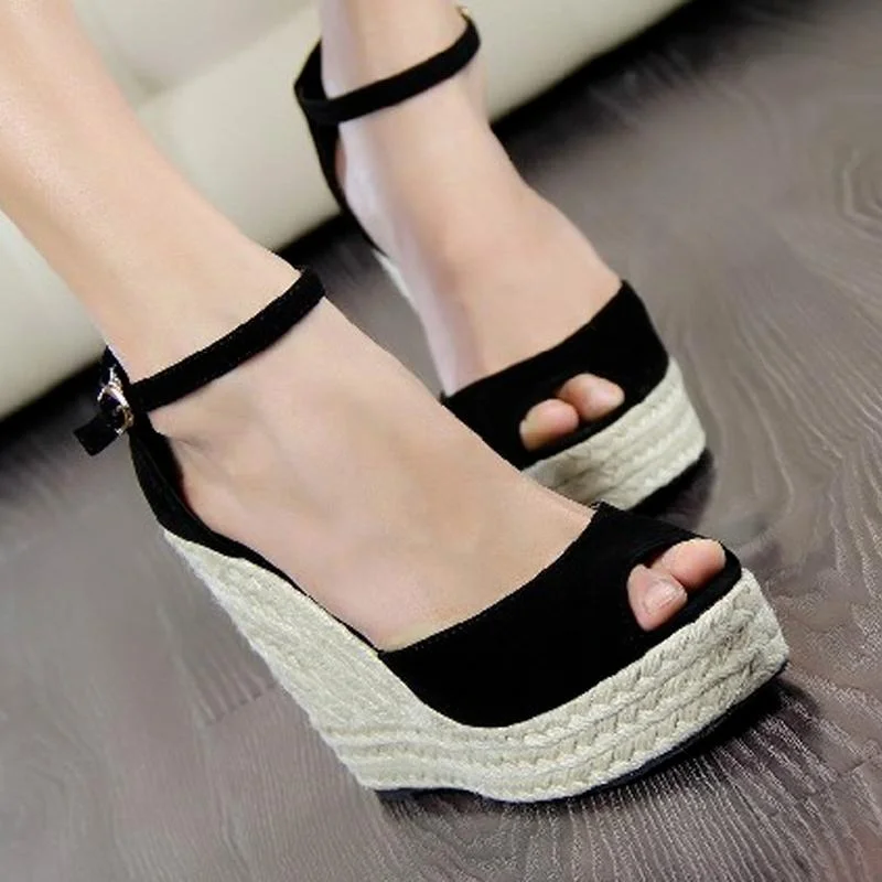 2022 Wedges Shoes for Women's Retro Open Toe Ankle Platform Beach White Sandals Plus Size 44 Weave High Heels Buckle-Strap Roman