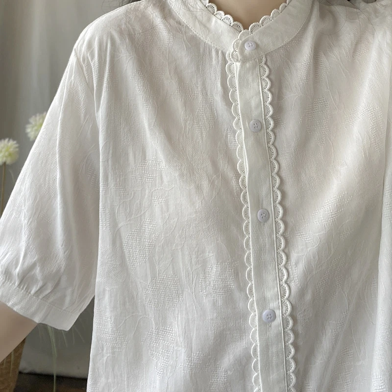 Short Sleeve Cropped Blouse Womens Top Lace Trim Jacquard Cotton Linen Fabric Boho Style Summer Casual Comfort Loose Fit KK523