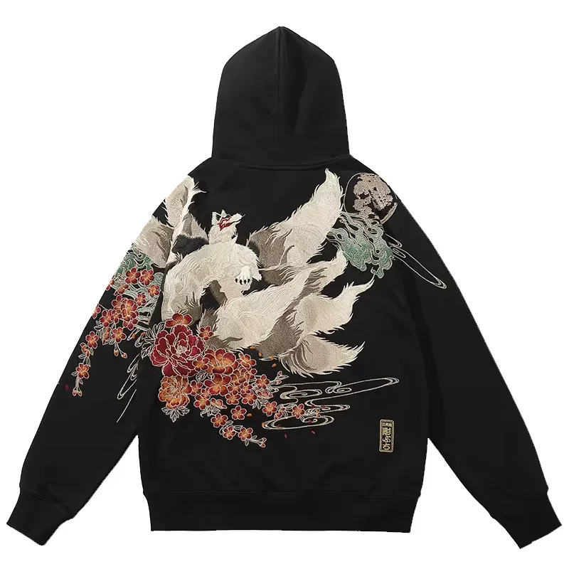 

Hip Hop Streetwear Men Black Hoodie Sweatshirt Embroidery Flower Chinese Kanji Pullover Autumn Harajuku Cotton Hooded Hoodie