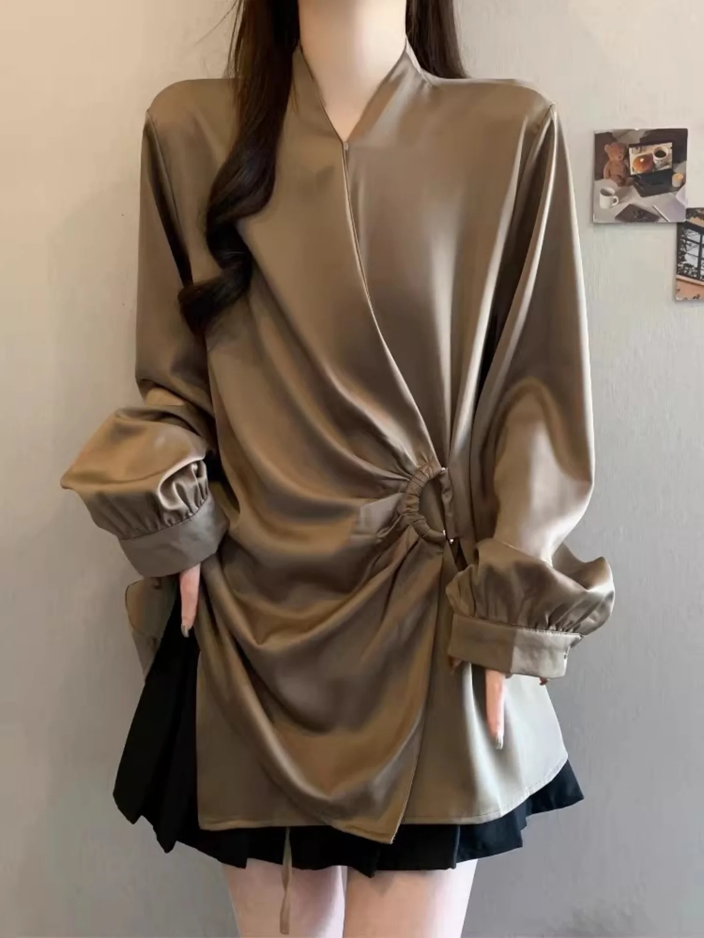 

Ele Acetate Satin Long Sve irt Women's oulder Length Mid-Length Versatile Top plus Size Korean Sle Commute Wind