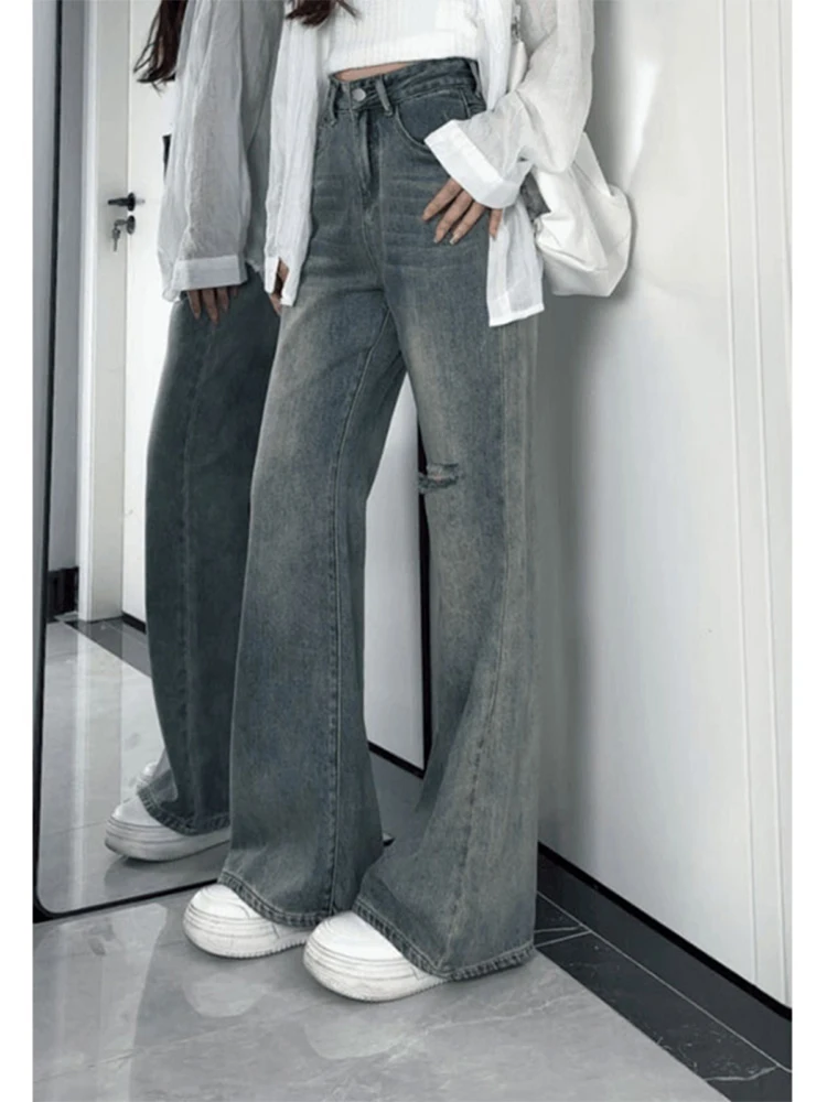 

American Sle Vintage Faded Micro Flared Denim Jeans Women Summer Loose Not Stiy High Waist Drapey Slim Wide Leg Floor-Length