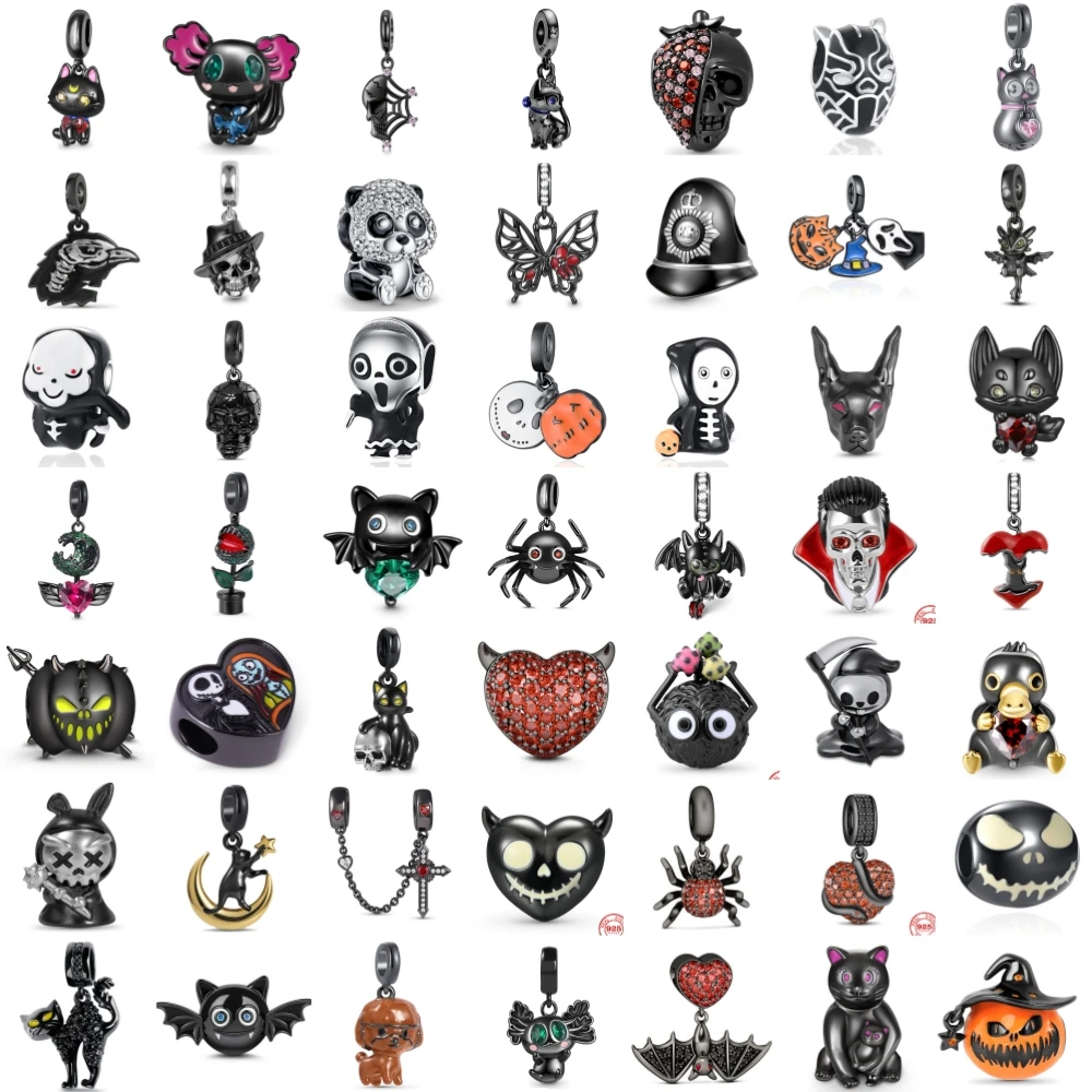 

New Miniso Disney 925 Silver Black Bat Spider Skulls Cat Fine Beads Fit Original Pendant Charms Bracelet Women DIY Jewelry