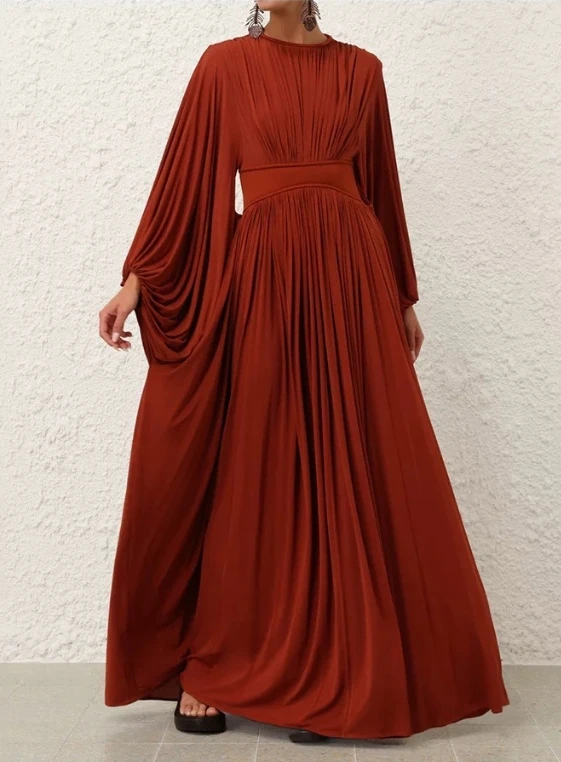 

Pleats Design 2025 New High Quality Solid Red Long Sleeve Midi Dress for Women
