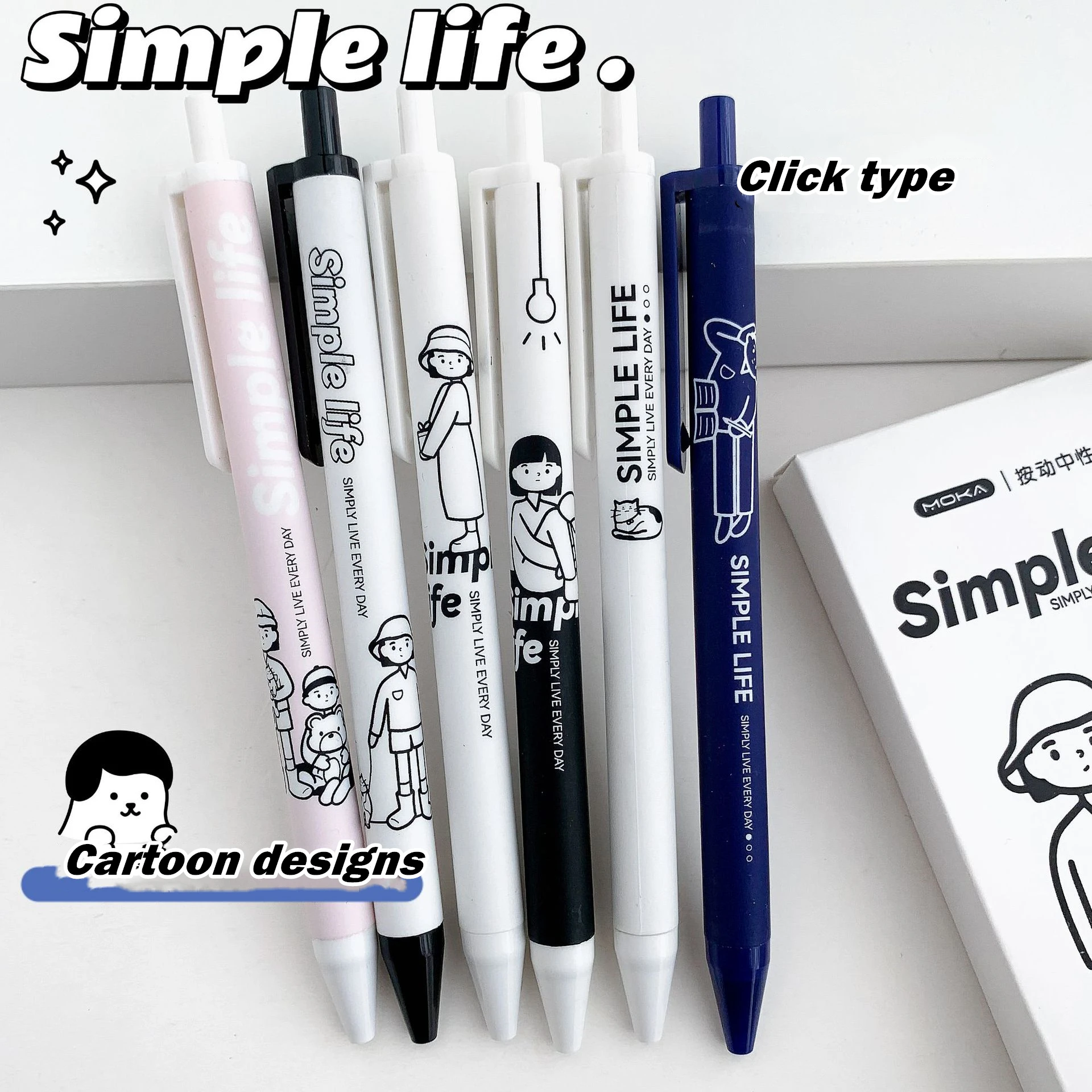 6pcs Simple Life Gel Pens Set Cartoon Design Click Type 0.5mm Ballpoint Black Color Ink for Writing Office School A7069