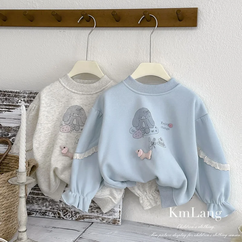 

Girls' Sweater2025Autumn New Fashionable Sweet Pullover for Girls Baby Cartoon Print Top Cream Blue