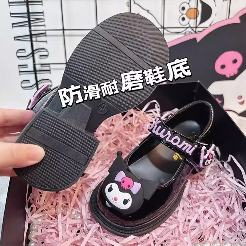 Sanrioed Kuromi Girl Black British Princess Small Leather Shoes Kawaii Anime Soft Soles Babys Shoe Sweet Cute Cartoon Kid Gift