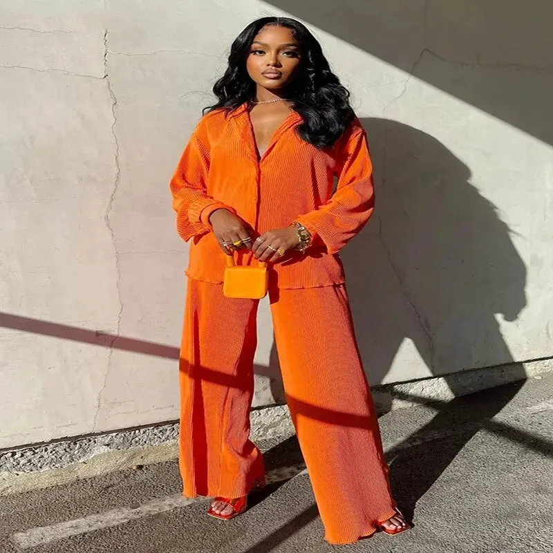 Pleated Solid Women Set Long Sleeve Shirts and Straight Wide Leg Pants Suits Tracksuit Two Piece Set Fitness Outfits