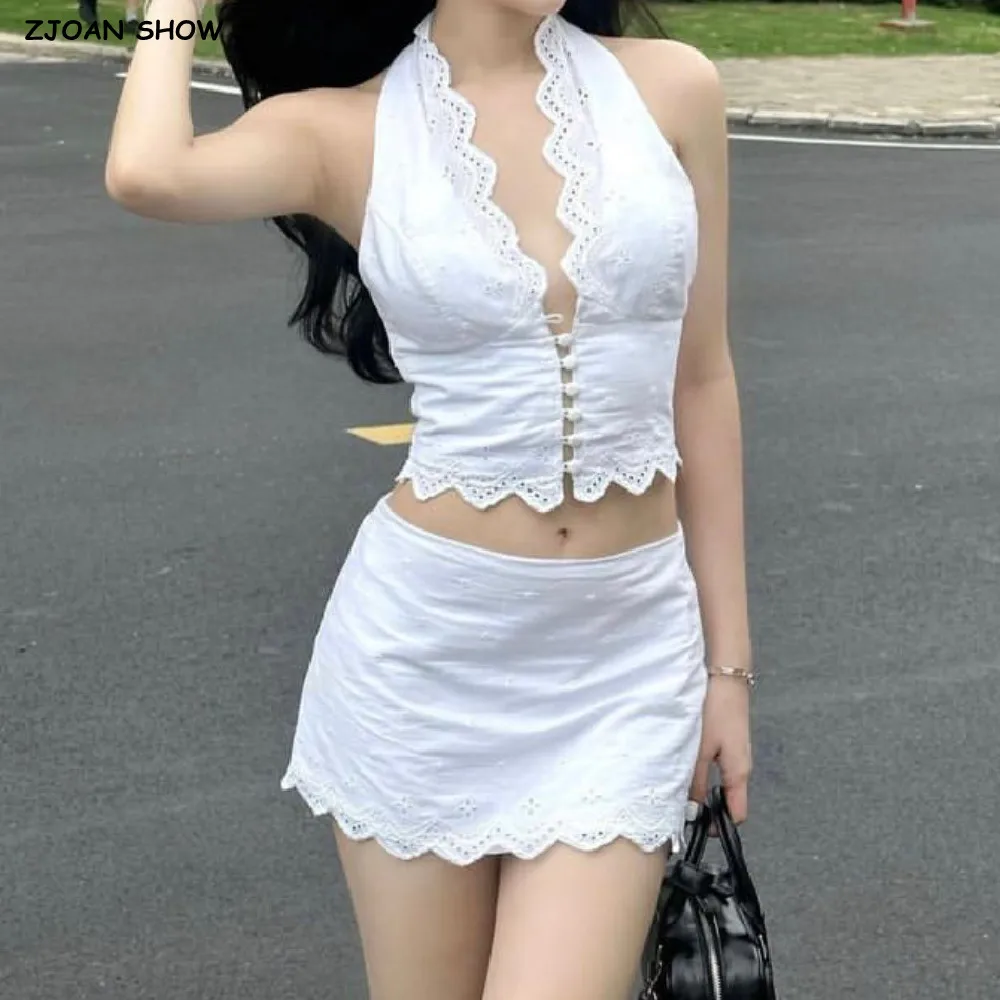 Sexy weißes, besticktes, ausgeschnittenes Spitzen-Neckholder-Top + Damen-Minirock mit seitlichem Reißverschluss und Hüftbund, A-Linie, 2-teiliges Set
