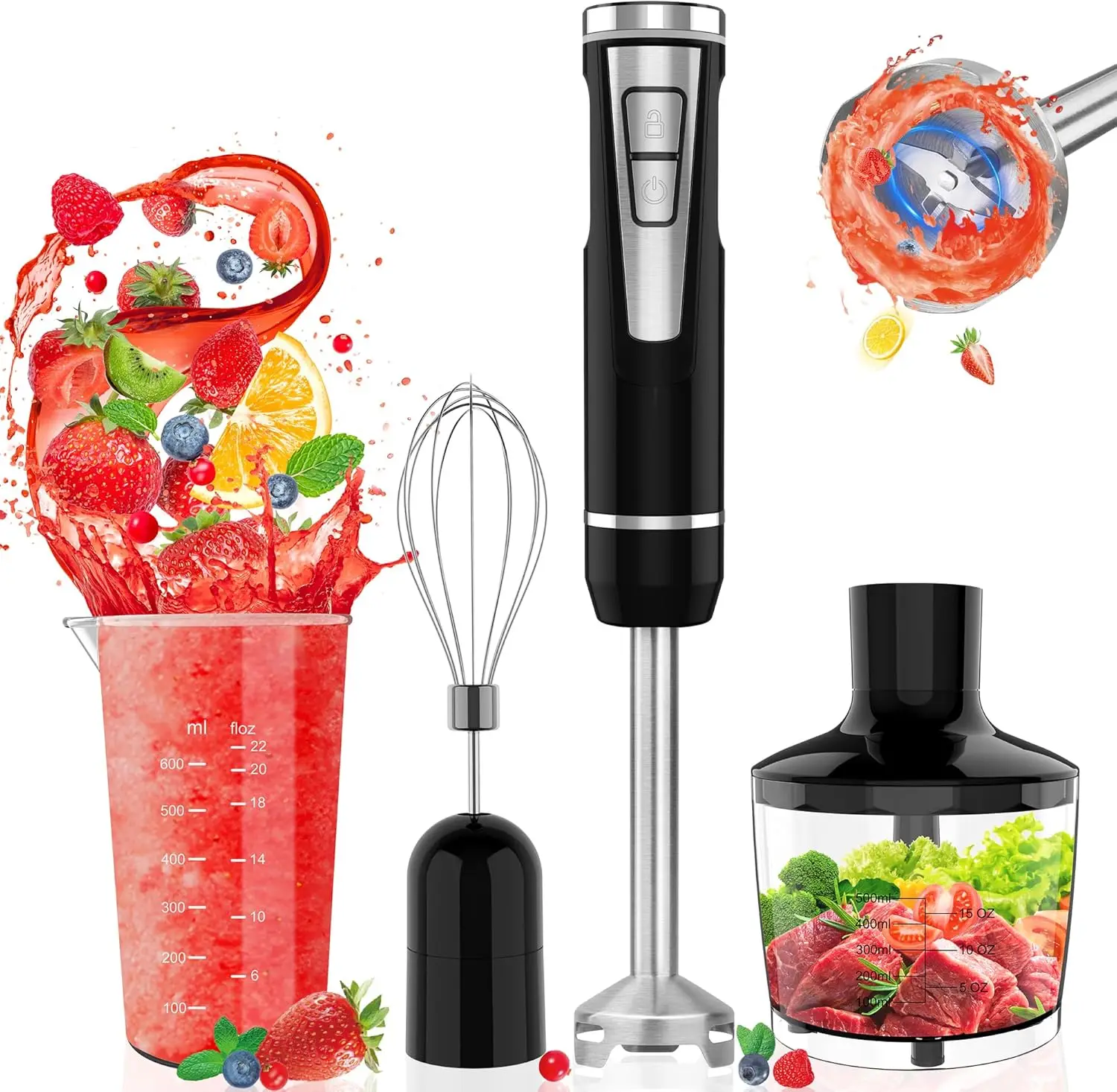 

4-in-1 Cordless Hand Blender, 8-Speed USB Rechargeable with 500ml Chopper, 600ml Beaker, Egg Whisk (Black)