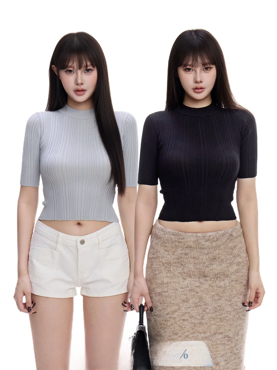 

Withmin Women's Knitted Base irt f High Collar Slim Fit Casual Sle ort Sve round Ne Spring New Arrival Inner Wear