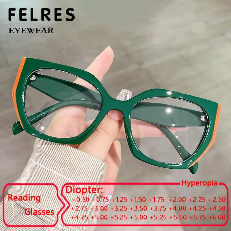 

Oversized Square Reading Glasses Luxury Brand Irregular Polygon Blue Filter Eyeglasses Frame Women PresbyopicEyewear FELRES