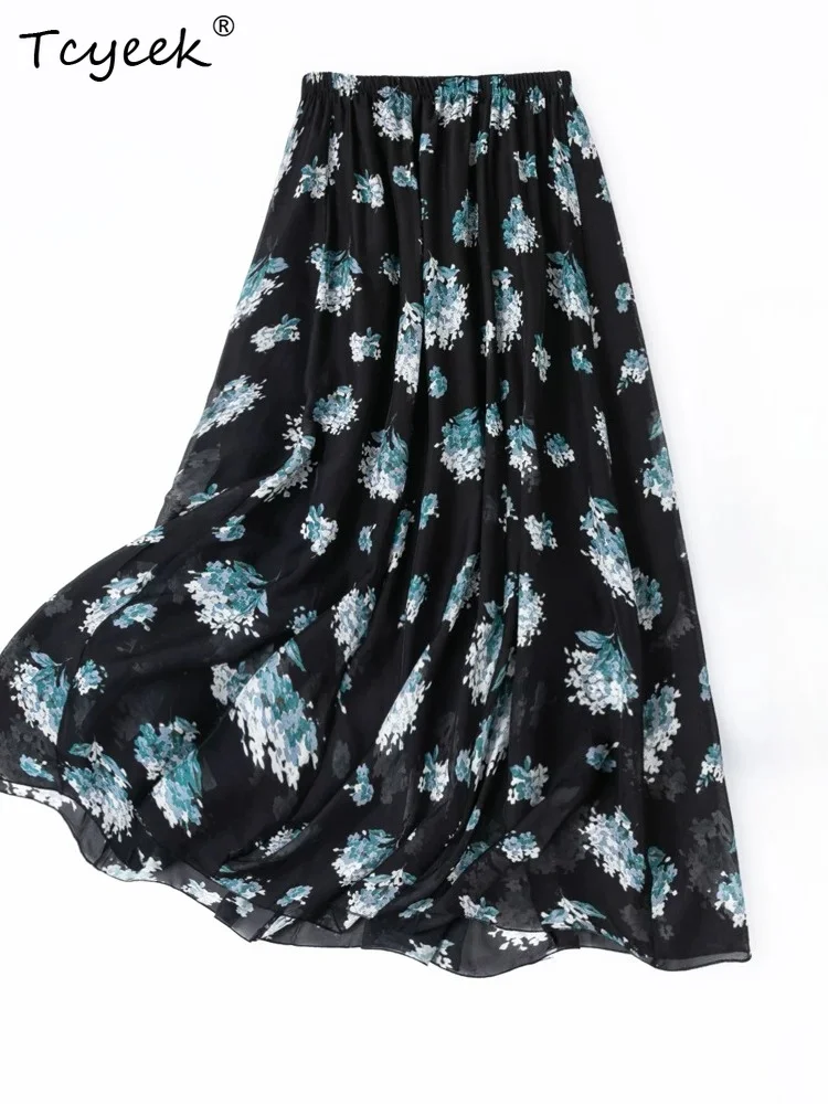 Tcyeek 100% Real Silk Summer Skirts for Women Fashion Beach Skirt Woman Clothes Elastic Waist Print 2026 Faldas Para Mujeres