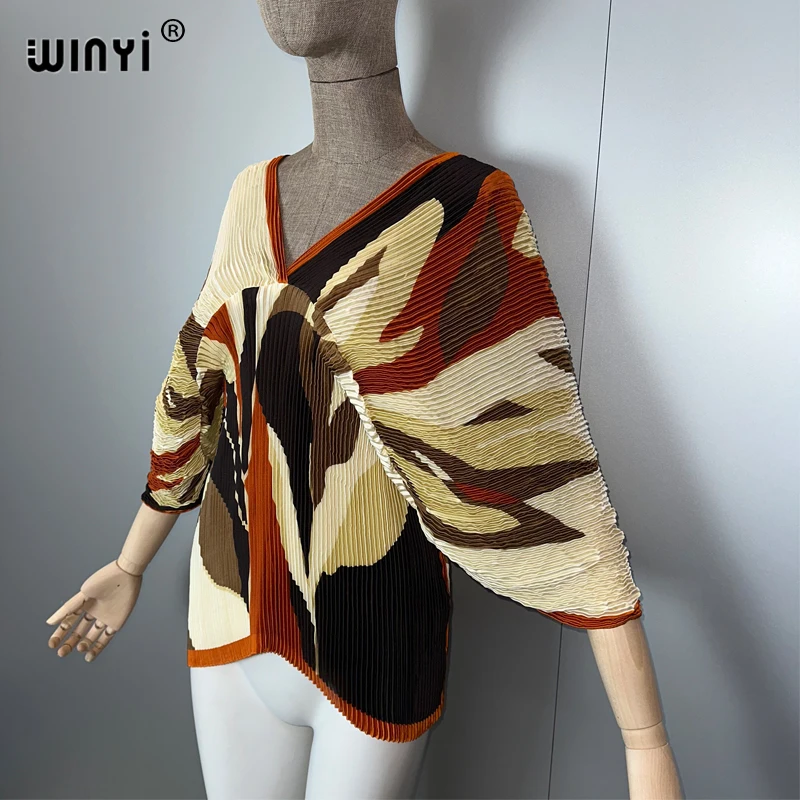 WINYI Top elastico plissettato taglia libera per donna, top da spiaggia estivo bohémien, manica a pipistrello, copricostume da spiaggia con vestiti stampati boho