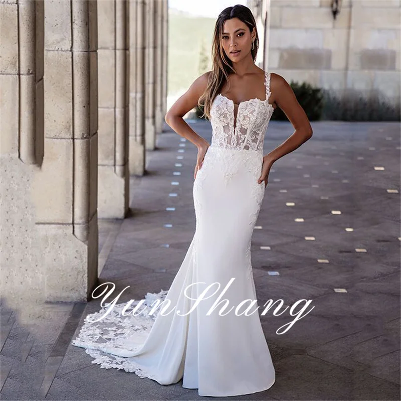 Yunshang elegante zeemeermin trouwjurk open rug kant spaghettibandjes applique bruidsjurk trein vestidos de novia aangepast