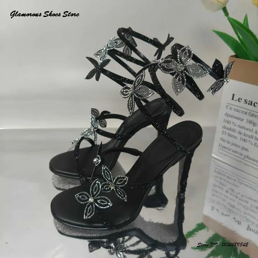 

Crystal Flower Appliques Leather Sandals Round Open Toe Thin Heels Ankle Strap Stilettos Summer Slip-on Party Prom Wedding Shoes