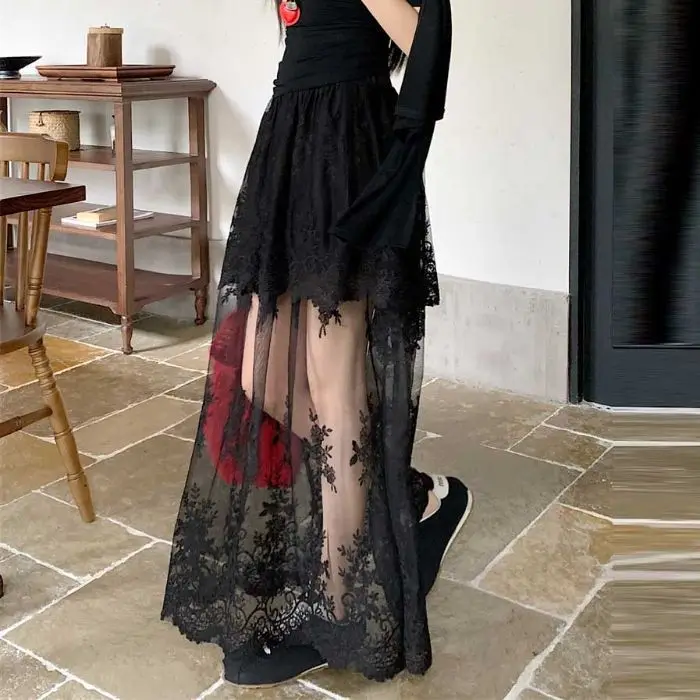 

High Waist Black Long Skirts for Women Korean Style Vintage Summer Midi Lace Mesh Patch Skirts Female