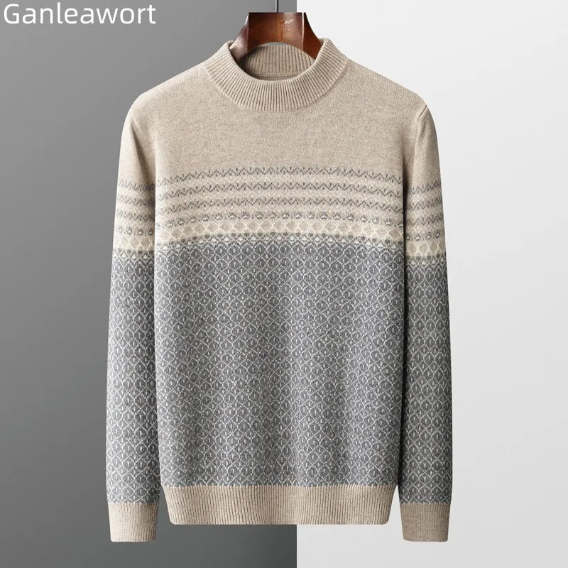 Men's Sweater Pullover Long Sleeve 100 Pure Woolen Sweater Autumn/Winter New Half High Collar Jacquard Knit Thickened Casual Top