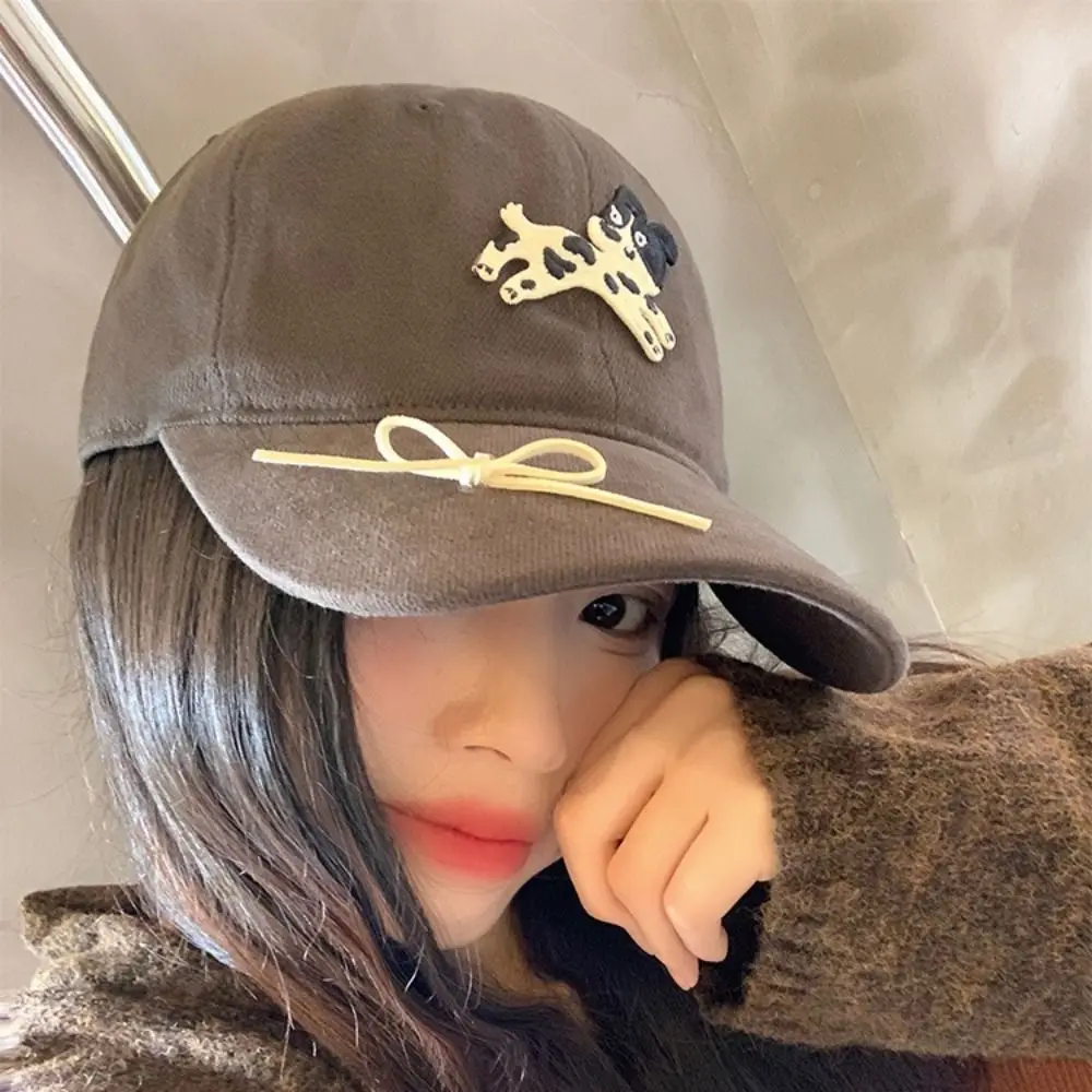 Fashion Spotted Puppy Embroidery Baseball Cap Cotton Bow Sun Hat Snapback Korean Style Peaked Cap Outdoor