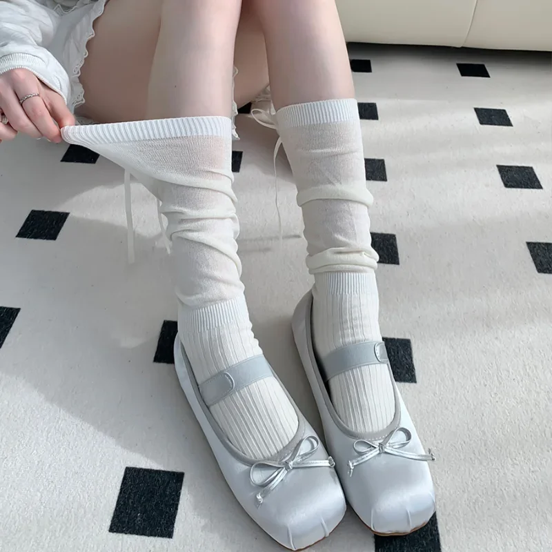 Lolita Long Socks Women Bandage Ribbon Bow Sweet Girls Kawaii Cute Middle Tube Socks Ballet Style Solid Color Black White Socks