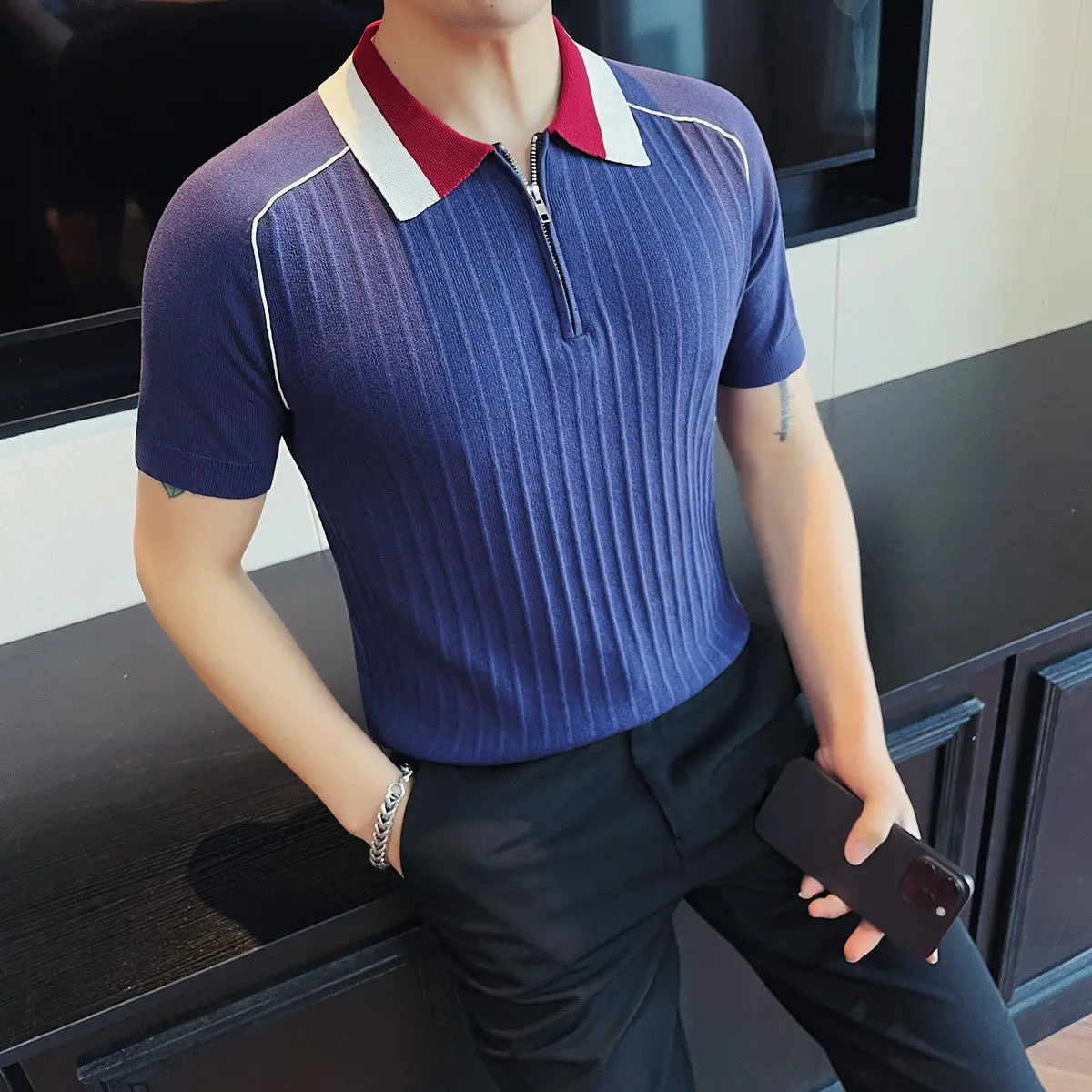 Summer Men's Collar Knitted Short Sleeved Polo Shirt Fashion Business Casual T-shirt Ice Silk Cool Sports Golf Social T-shirts