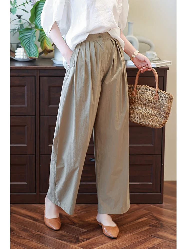 

Bla Waed Long Velvet Cotton Wide Leg Pants Women Summer New High Waist Loose Casual Khaki Straight Leg Long Trousers