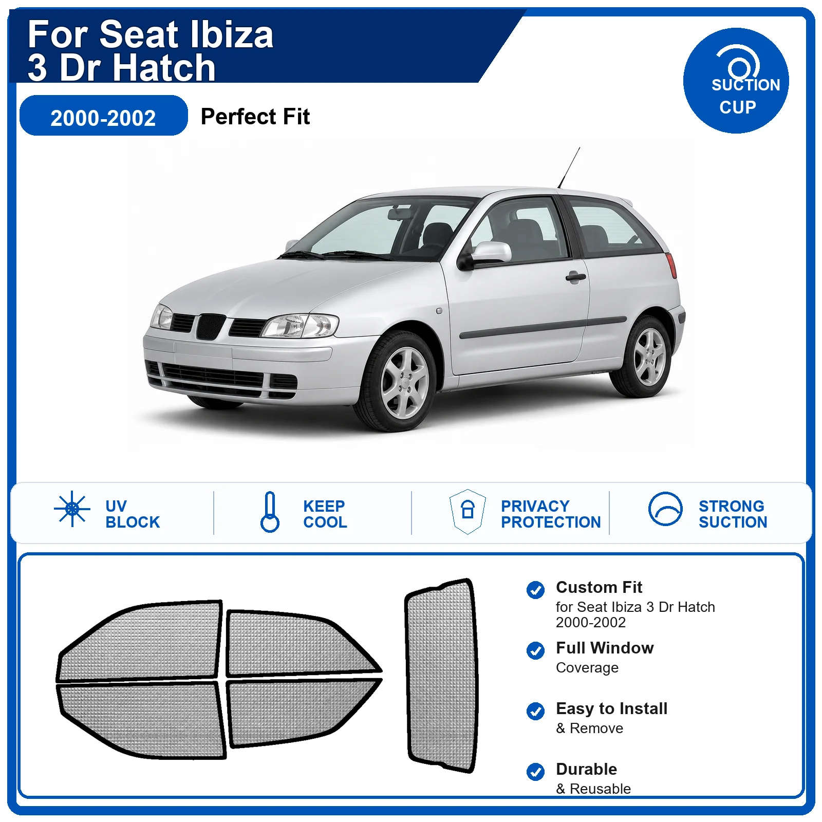 For Seat Ibiza 3 Dr Hatch 2000-2002 Custom Full Set Windshield Sun Shade Aluminum Foil Heat Insulation Anti UV Foldable