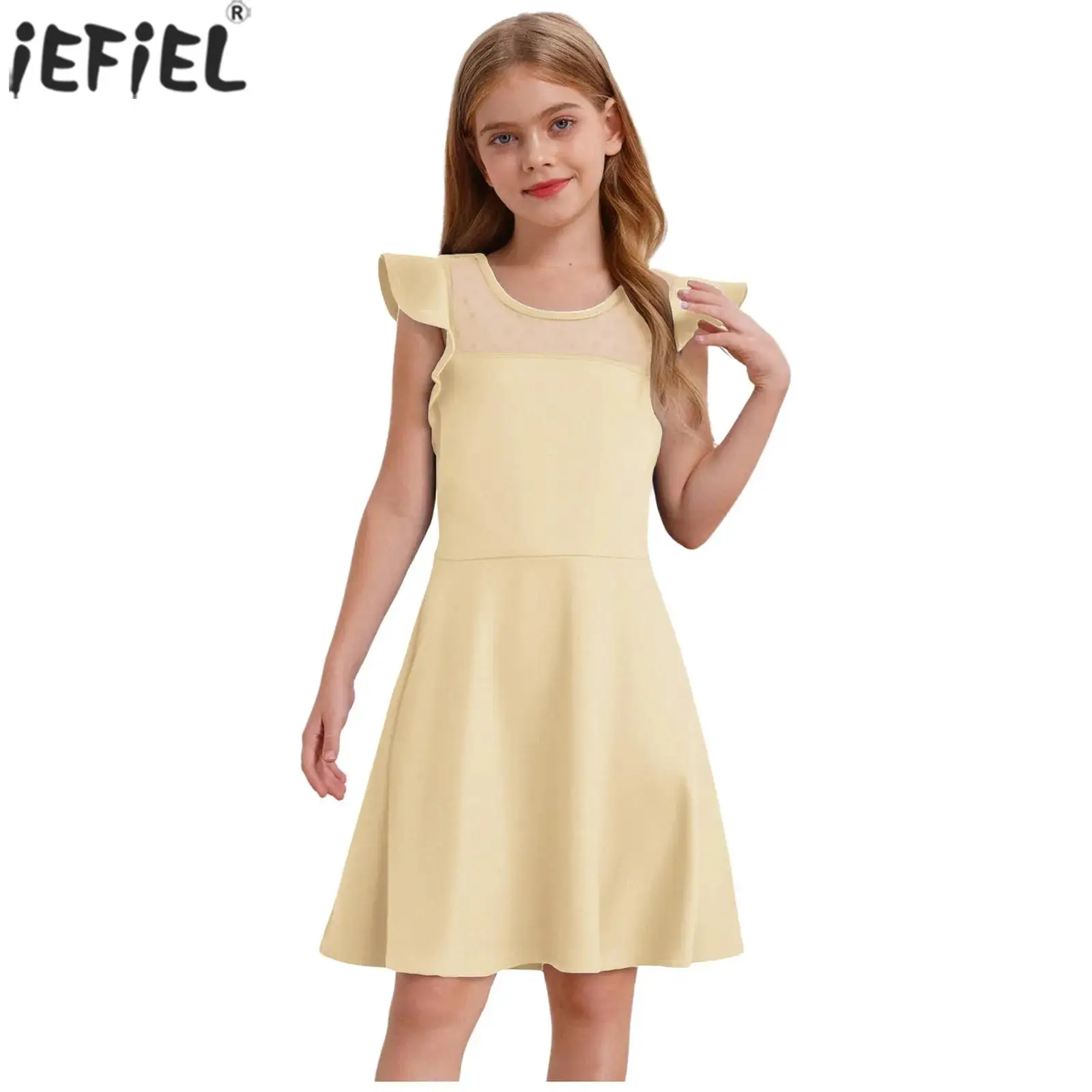 Kids Girls Summer Party Dress Ruffle Sleeves Dots Sheer Mesh A Line Dresses for Birthday Wedding Pageant Banquet Ball Prom Gown