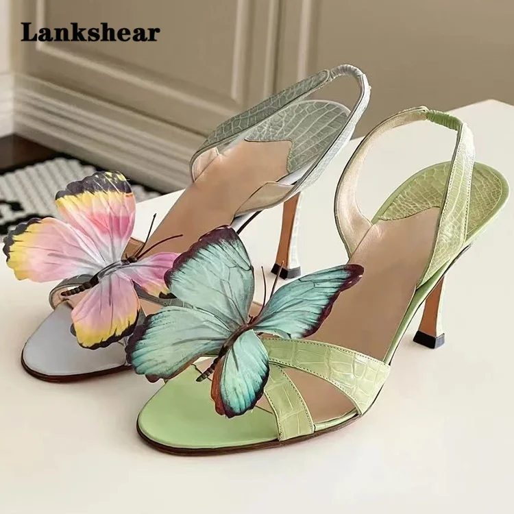 Colorful Butterfly Decorative Sandals for Women Thin Heels Open Toe High Heels Women\'s Summer Sandalias De Mujer Verano 2024