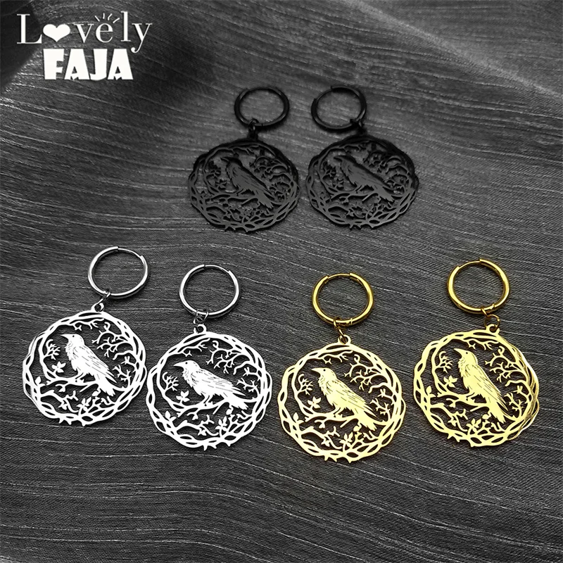 Gothic Black Crow Tree Of Life Bird Dangle Earrings For Women Men Stainless Steel Raven Animal Plant Jewelry Party Gift ZZZ955