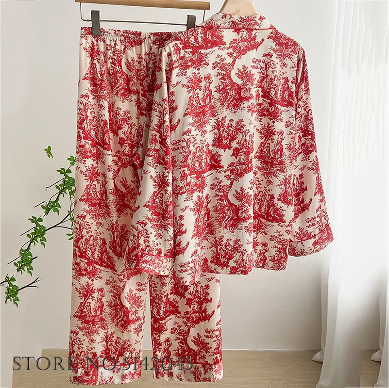 Women\'s Long Sleeve Pajamas Two Piece Set Sexy Red Flower Satin Sleepwear Trouser Suits Spring Autumn Casual Homewear Loungewear