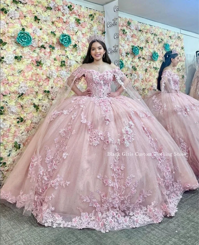 Exquisite Baby Pink Princess Quinceanera Dress Elegant One Shoulder 3D Flower Applique Lace Decoration 15 Years Prom Dressespart