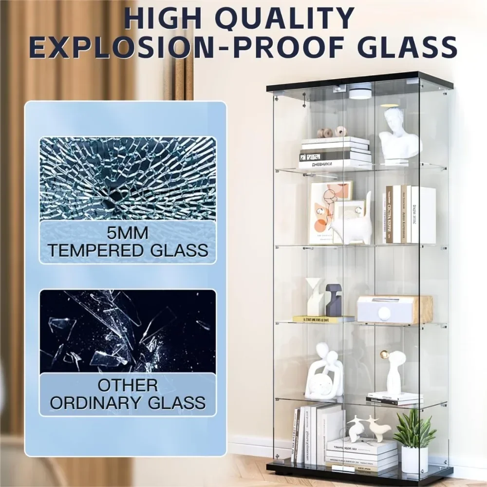 XMSJ Glass Display Cabinet, 5 Shelves with LED Lights, Bookcase with 5mm Tempered Glass, Floor-to-ceiling Glasss Storage Cabinet