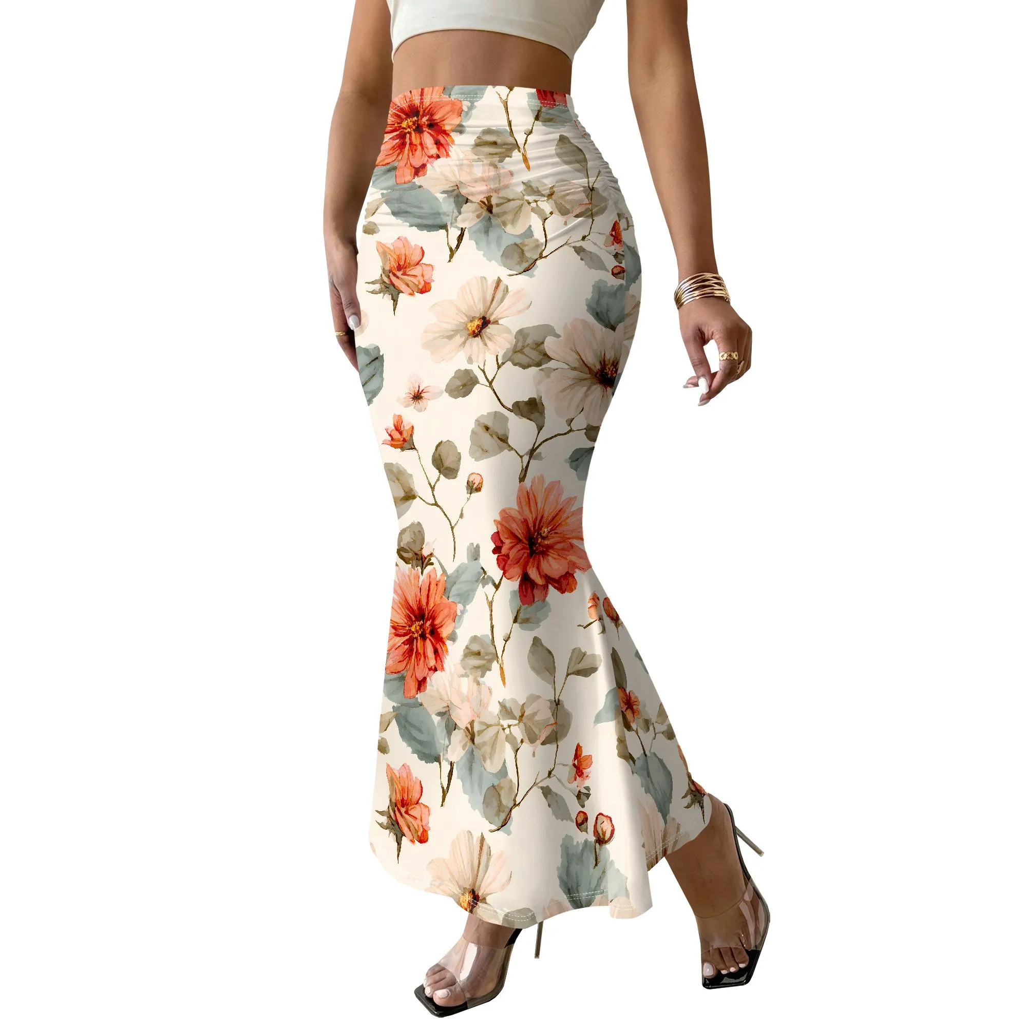 Floral Mermaid Skirt, High Waist Bodycon Design, Elegant Long Dress, Summer Beach Vacation Wear, S-3XL