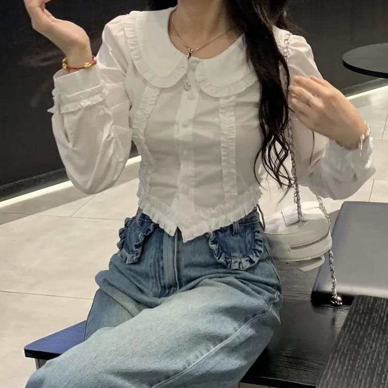 

Модная блузка в романтическом викторианском стиле с кружевом, корректирующая фигуру, с изысканным воротником и оборками