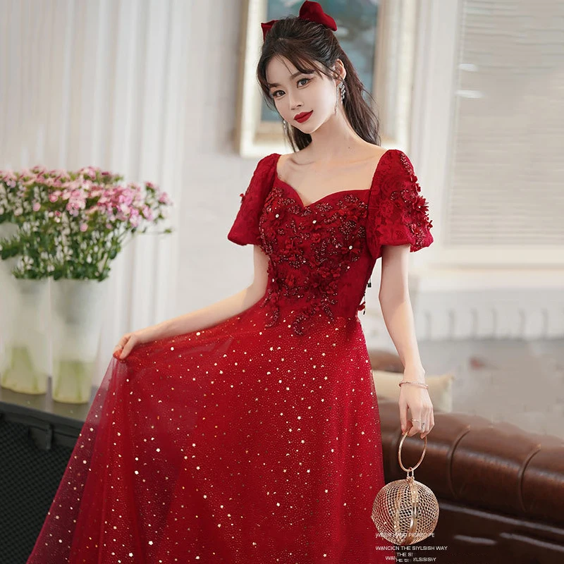 

Wine Red Sweetheart Collar Prom Dresses Appliques Sequins Lace Up Long Evening Dress Lady Elegant Ball Gown