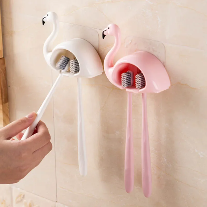 Flamingo Shaped Toothbrush Holder, Toothbrush Rack Organizer, Cute Wall Mount, Bathroom Accessories, 2 Position, 1Pc