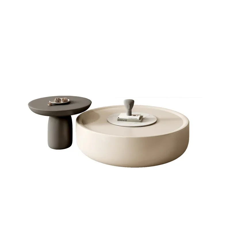 طاولة قهوة بسيطة لغرفة المعيشة المنزلية على طراز وابي سابي، تصميم شبكي باللون الأحمر الكريمي، حجم طاولة قهوة مستديرة، مجموعة خزانة تلفزيون