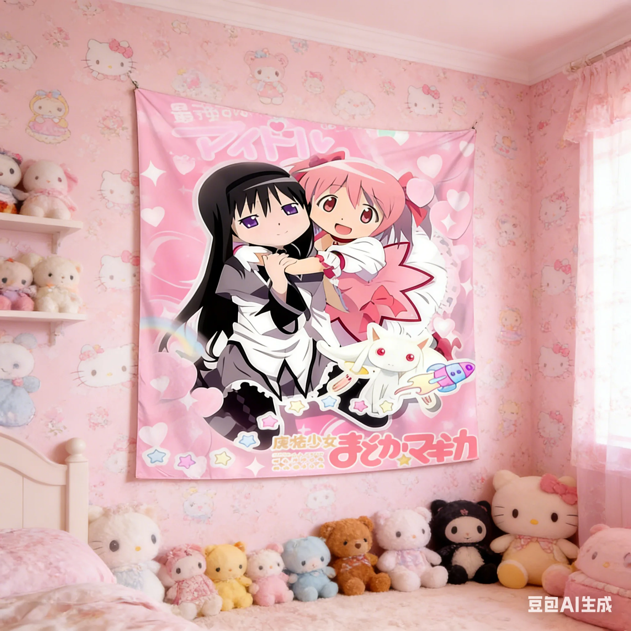 1 Stück Madoka Magica Anime-Mädchen Wandteppich 2D Polyester Wandbehang Rosa Anime-Mädchen Gruppen-Dekoration für Schlafzimmer Studentenwohnheim Fan-Geschenk