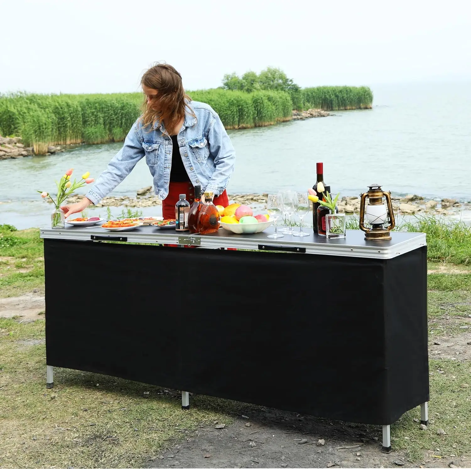 Extra Long Portable Bar Table, Pop-Up Folding Mobile Bar Bartender Table for Events, Party, Camping, Tradeshow, Easy Setup, Blac