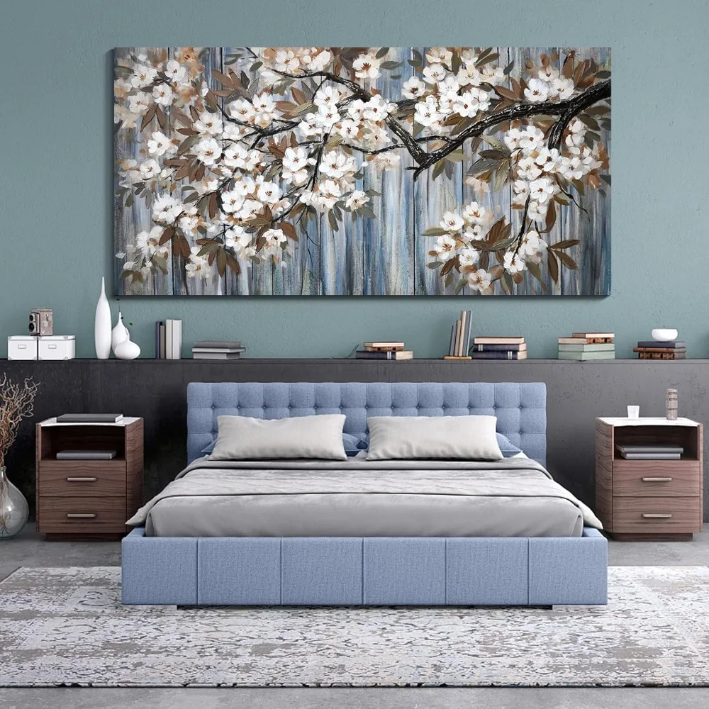 

Large Canvas Wall Art for Living Room Wall Decor Abstract White Flower Tree With Gray Driftwood Picture Modern Framed Things the