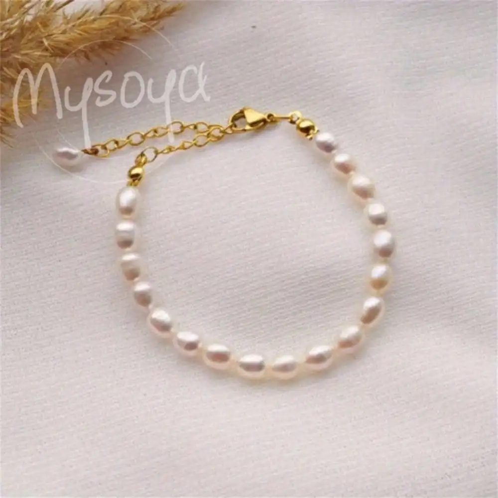 

MYSOYA Baroque Rice-Shaped Pearl Bracelet 5-6mm Pearls Gift Box Gift for Her Wedding Jewelry Christmas Birthday New Year Gift