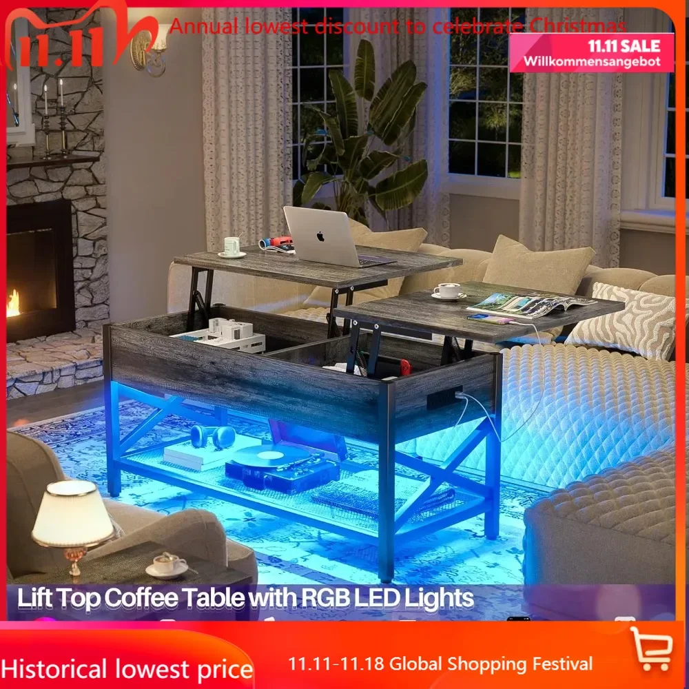 Lift Top Coffee Center Table with LED Light and Power Outlet, Modern Table with Storage Shelf for Living Room, Lift Tabletop