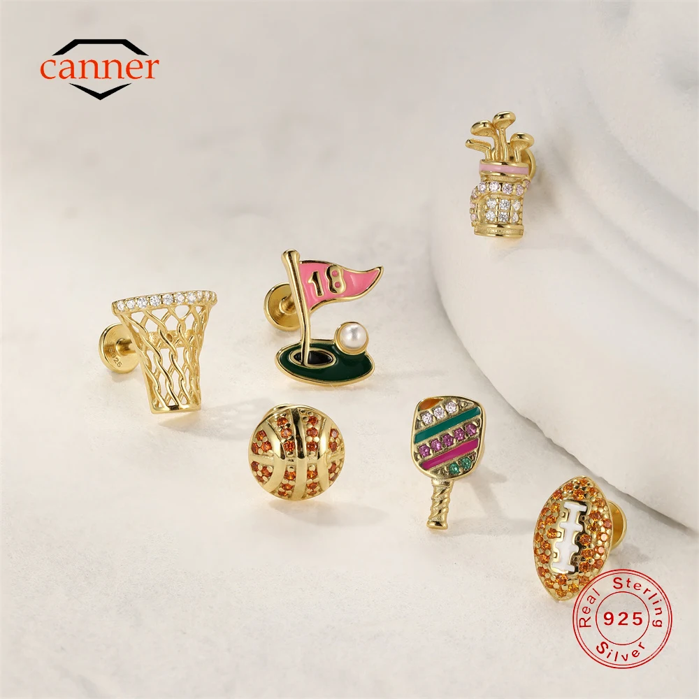 CANNER 1PC 925 Sterling Silver Golf Flag Sports Enthusiast Flat Head Piercing Earrings For Women Basketball Table Tennis Earring