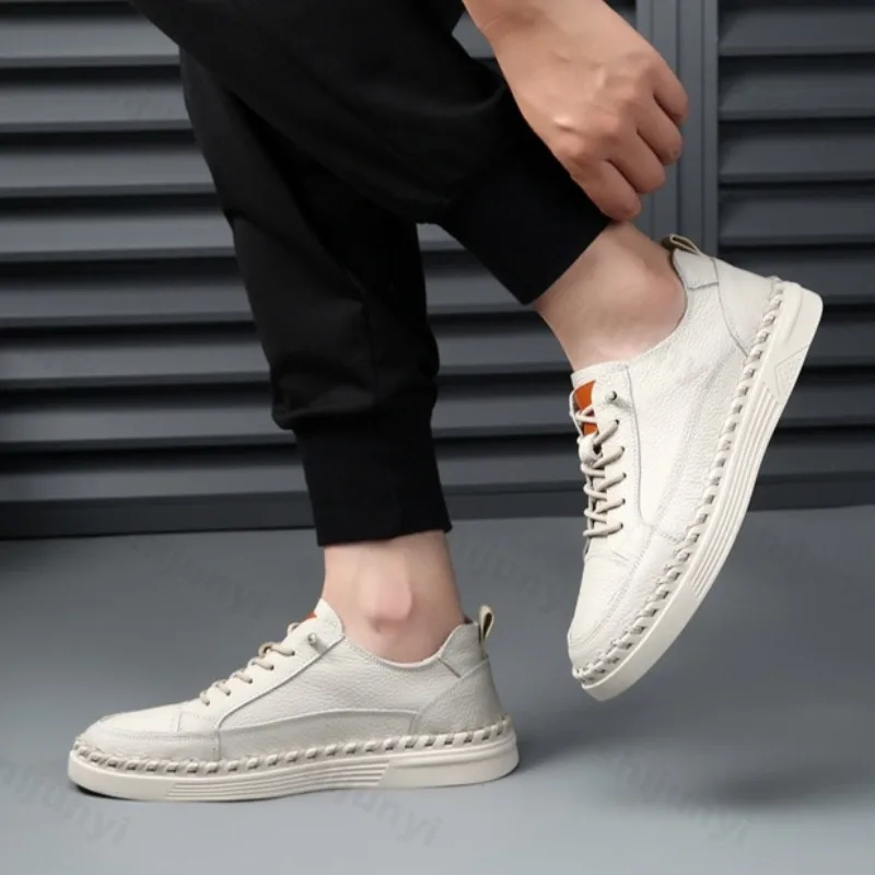 Men Cow Leather Casual Shoes 2025 Spring Autumn Comfortable Fashion Stitch Flat Skateboard Shoes Handmade Vulcanized Shoes
