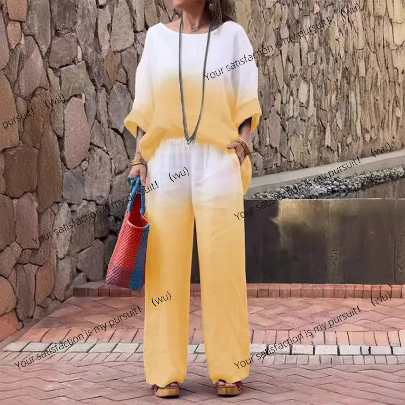 

Europe and the United States summer new women's fashion cotton and linen gradual change two sets